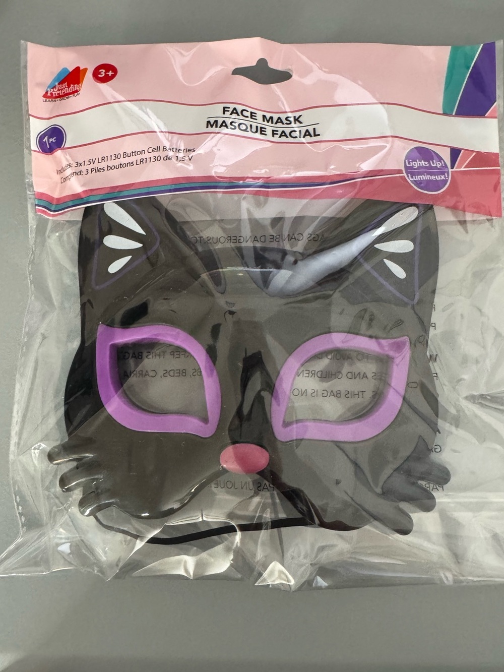 Kids Light-Up Black Cat Face Mask - Pink Accent kitty cat Halloween costume play